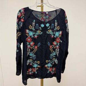 Johnny Was Black Floral Embroidered Blouse